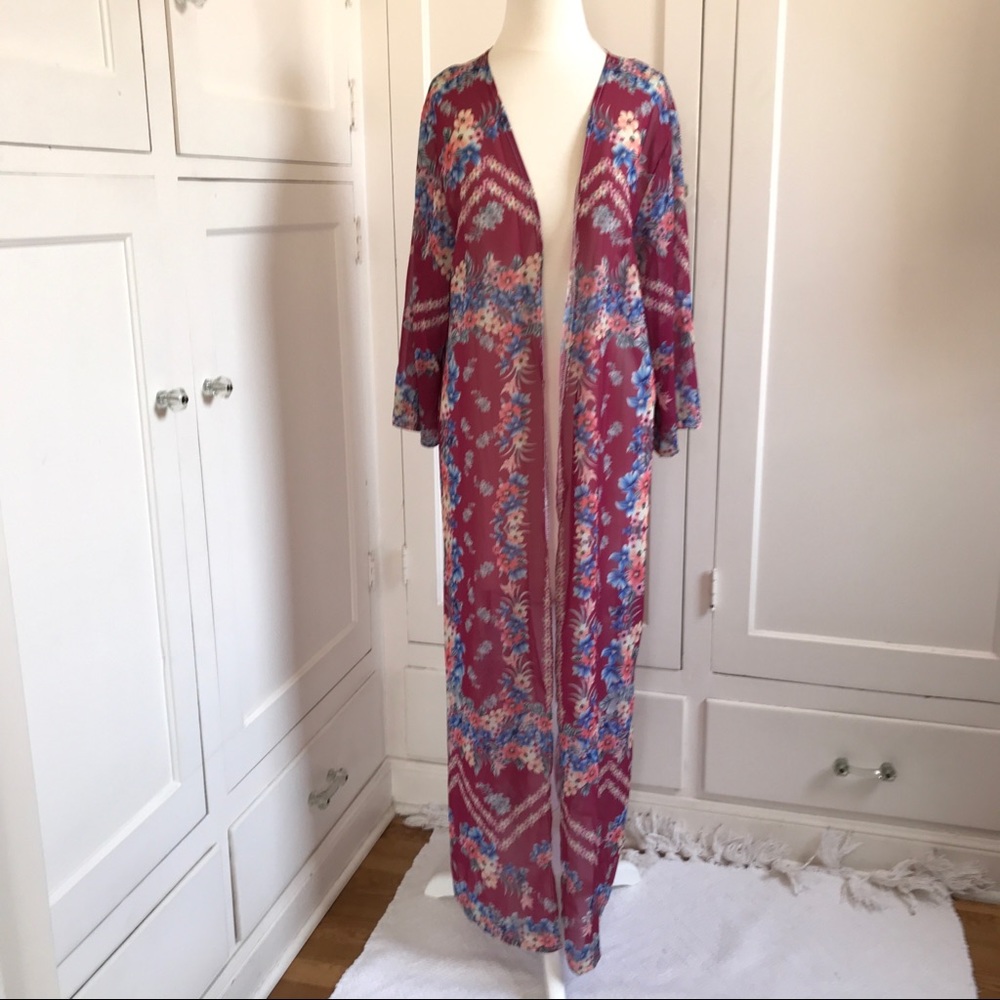 NWOT Burgundy Floral Long Kimono/Duster - Picture 4 of 8